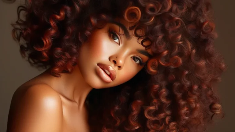 Beautiful woman with voluminous, defined mahogany wash and go curly hair glowing in golden hour light.