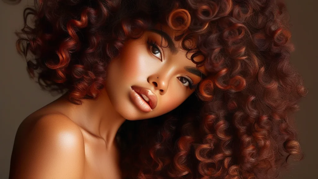 Beautiful woman with voluminous, defined mahogany wash and go curly hair glowing in golden hour light.