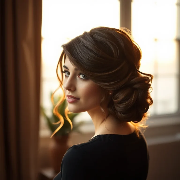 Woman with a stunning, voluminous low chignon elegant updo hairstyle, perfect for formal events.