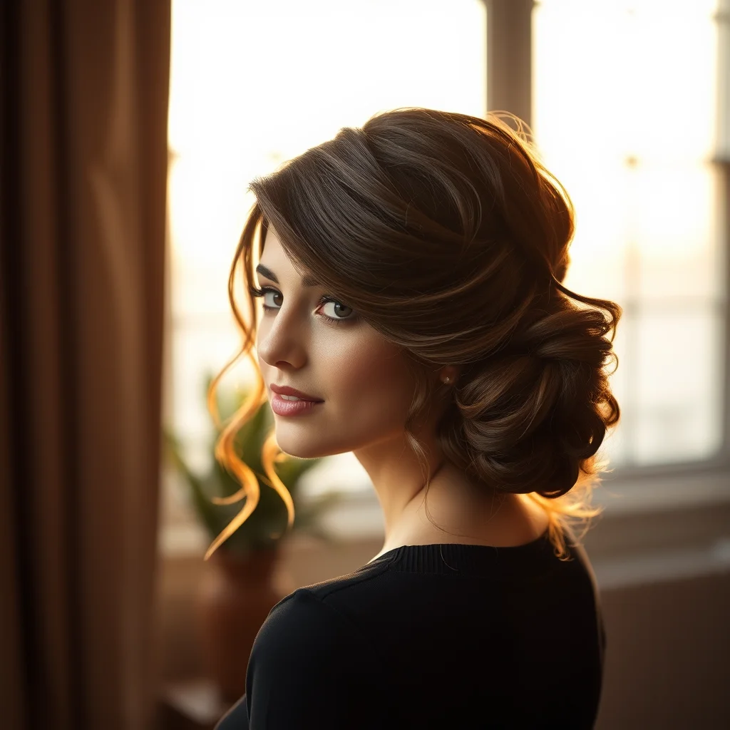Woman with a stunning, voluminous low chignon elegant updo hairstyle, perfect for formal events.