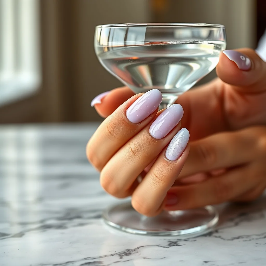 Elegant hand with pastel ombré spring nail art on almond nails, holding a cocktail glass on marble.