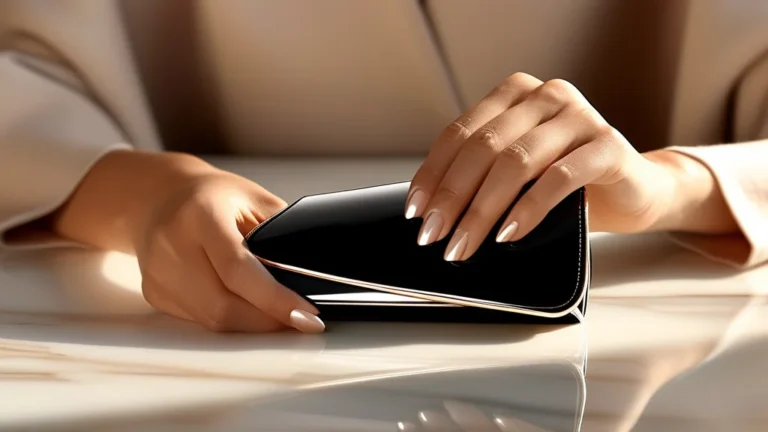Woman with chrome gold almond nails holding a designer clutch