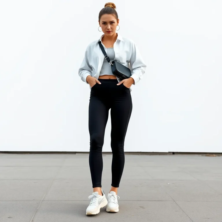 Stylish woman wearing black perfect leggings, an oversized white shirt, and sneakers in an editorial setting.