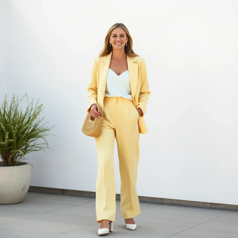 Woman in elegant pastel yellow linen suit, perfect Easter outfit