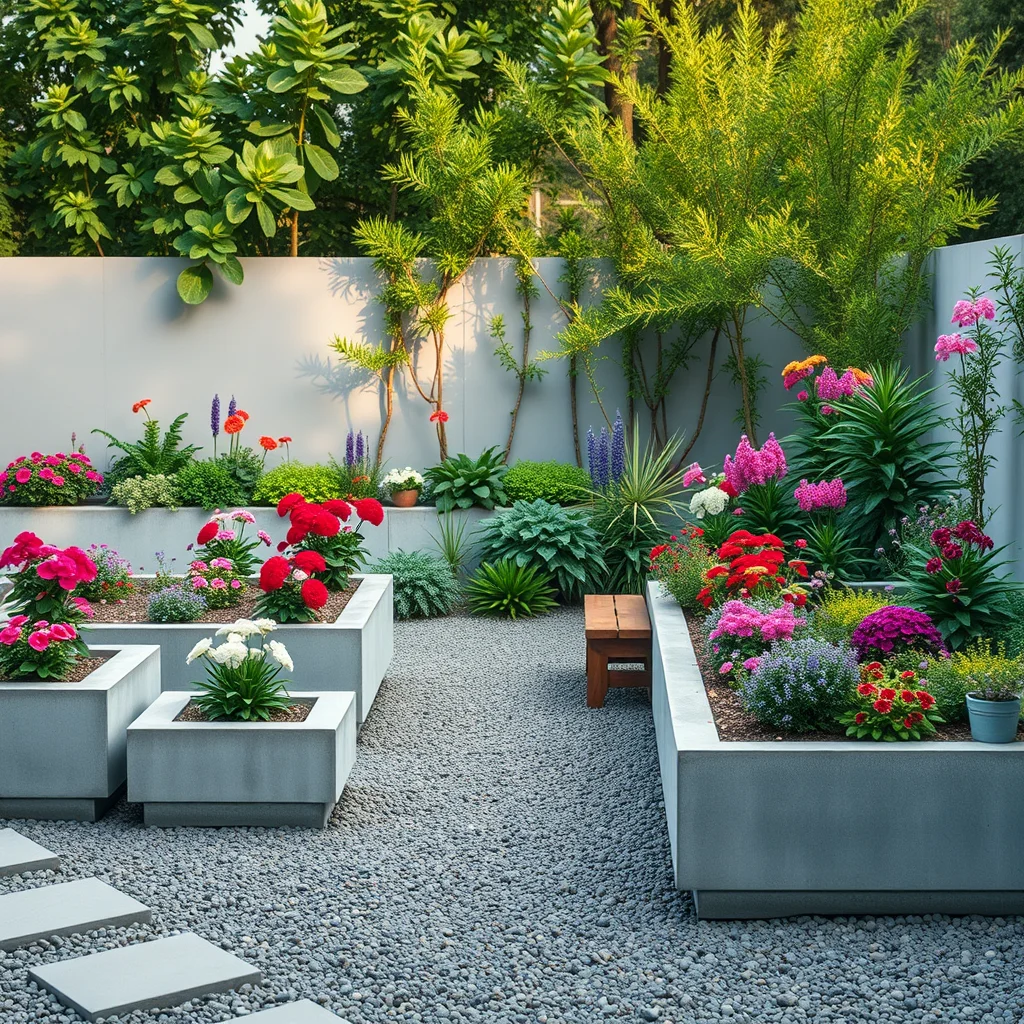 A modern garden styled for Architectural Digest, showcasing sturdy concrete block garden beds overflowing with colorful flowers and verdant foliage, illuminated by soft natural light.