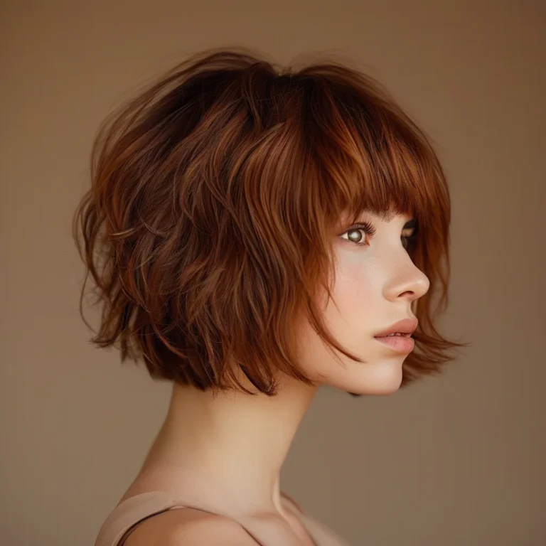 A captivating portrait of a woman showcasing a vibrant auburn shaggy bob. The hair features choppy layers and a dynamic texture, beautifully illuminated by soft studio light.