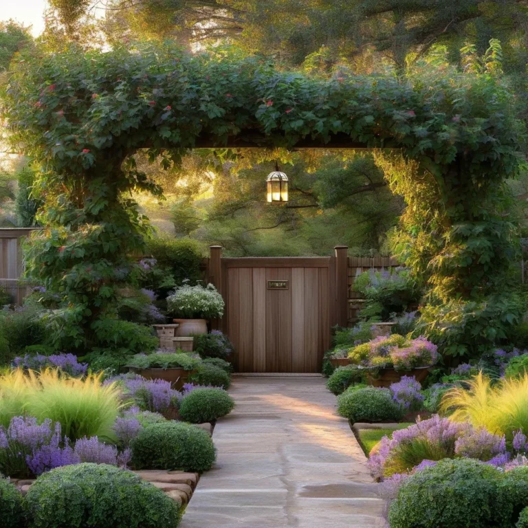 A picturesque mailbox garden featuring a black mailbox adorned with climbing vines, surrounded by abundant flower arrangements in pots and beds. The pathway leading to it is made of natural stone, and the overall scene is illuminated by warm, soft sunlight, creating a welcoming atmosphere.