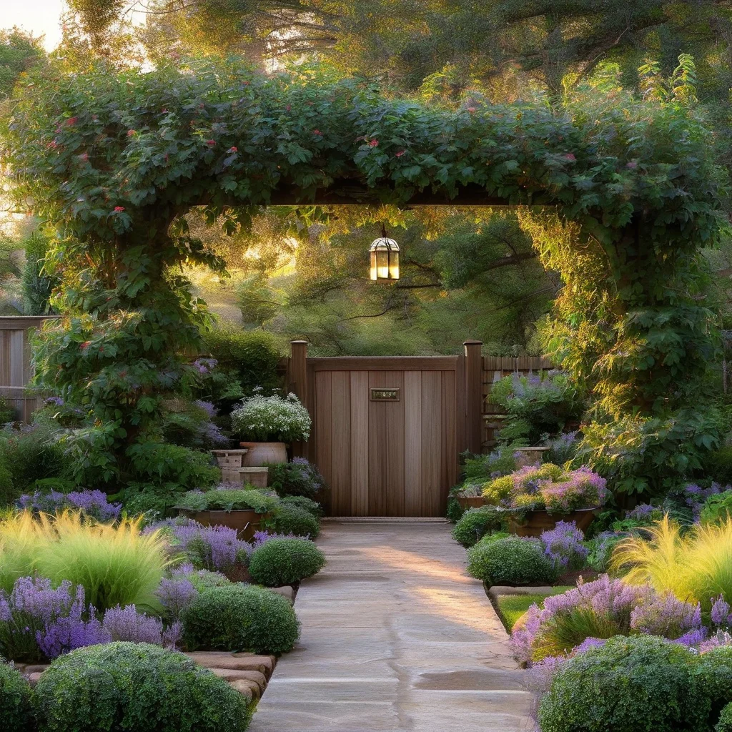 A picturesque mailbox garden featuring a black mailbox adorned with climbing vines, surrounded by abundant flower arrangements in pots and beds. The pathway leading to it is made of natural stone, and the overall scene is illuminated by warm, soft sunlight, creating a welcoming atmosphere.
