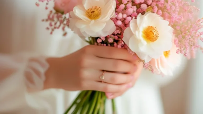 Close-up of a woman's hand with elegant floral spring nail art, holding a bouquet of peonies.