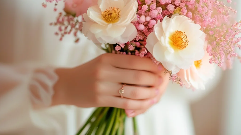 Close-up of a woman's hand with elegant floral spring nail art, holding a bouquet of peonies.