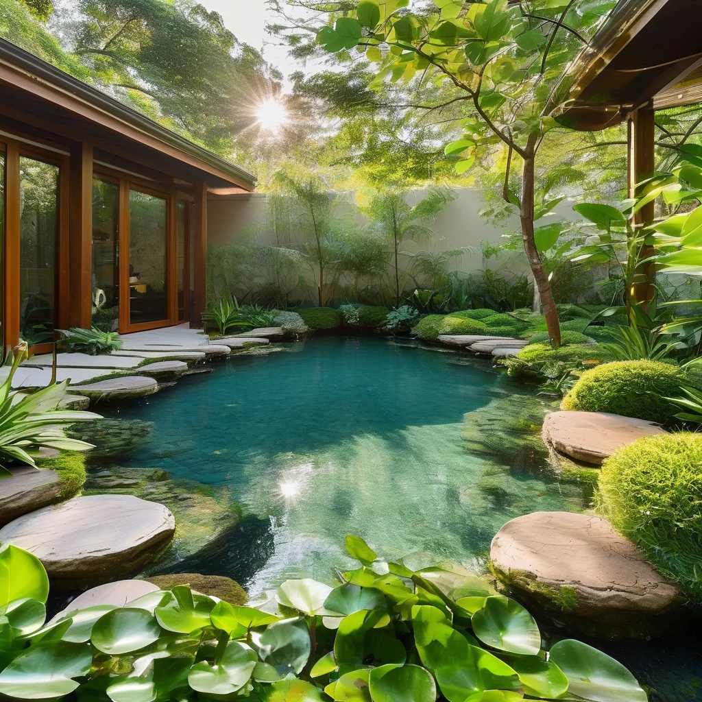 A picturesque backyard garden with a flowing DIY pond, featuring smooth stones, water lilies, and surrounding emerald foliage, bathed in soft sunlight.