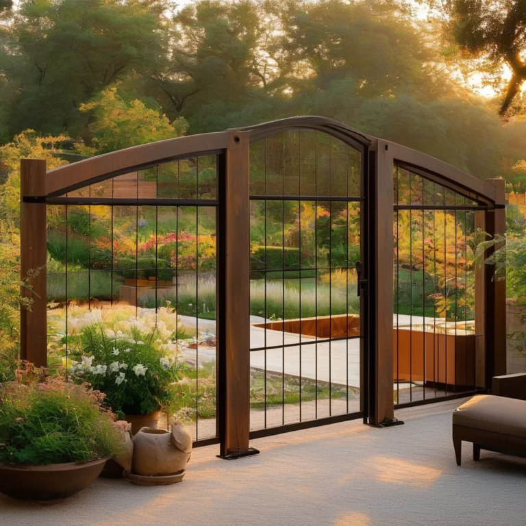 A serene backyard garden sanctuary featuring a tall, natural wood deer proof fence that encloses a vibrant array of flowers and greenery. A cozy seating area is nestled within, illuminated by warm, diffused sunlight.