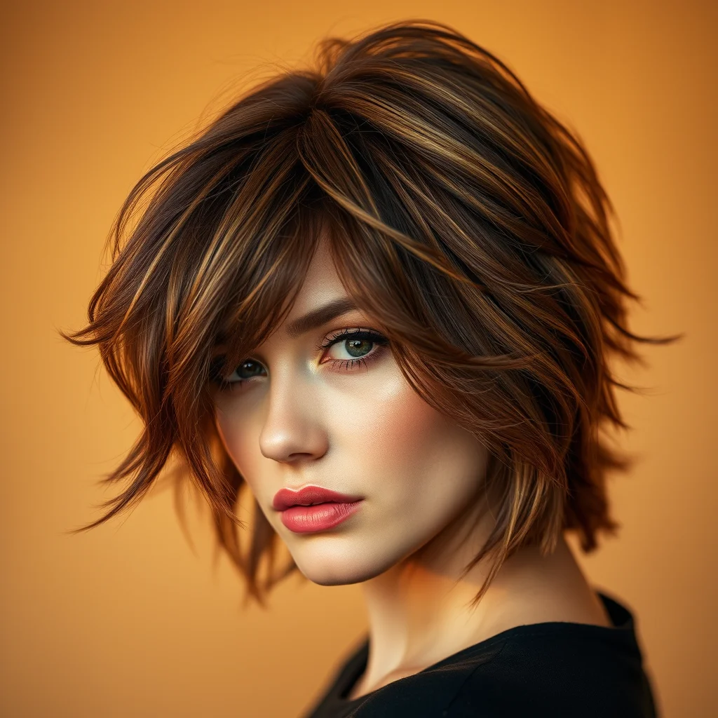 A stunning portrait of a woman with a medium-length auburn wolf cut hairstyle. Her hair features dramatic choppy layers and soft, feathered bangs, styled with incredible volume and movement. The soft golden hour lighting creates a warm glow, emphasizing the rich color and texture of her salon-perfect hair.
