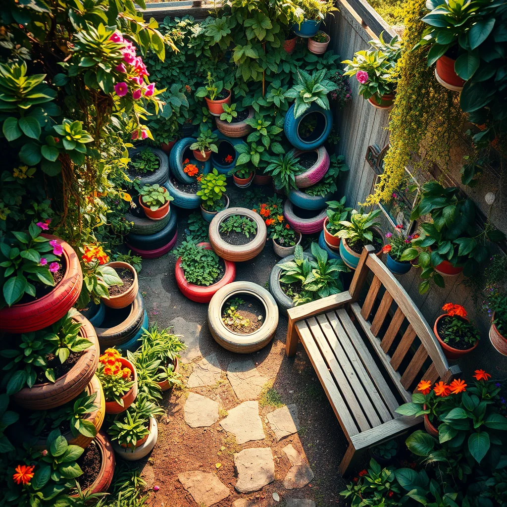 A sprawling, sun-drenched garden filled with blooming flowers and dense foliage, featuring creatively arranged and painted old tires as planters, with a rustic wooden bench adding a touch of charm.
