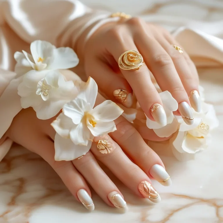 Close-up of a woman's hand with exquisite seashell-themed almond nails. The manicure showcases pearlescent white and soft coral polish, accented with delicate gold details and a high-gloss finish, resting on a luxurious marble surface.