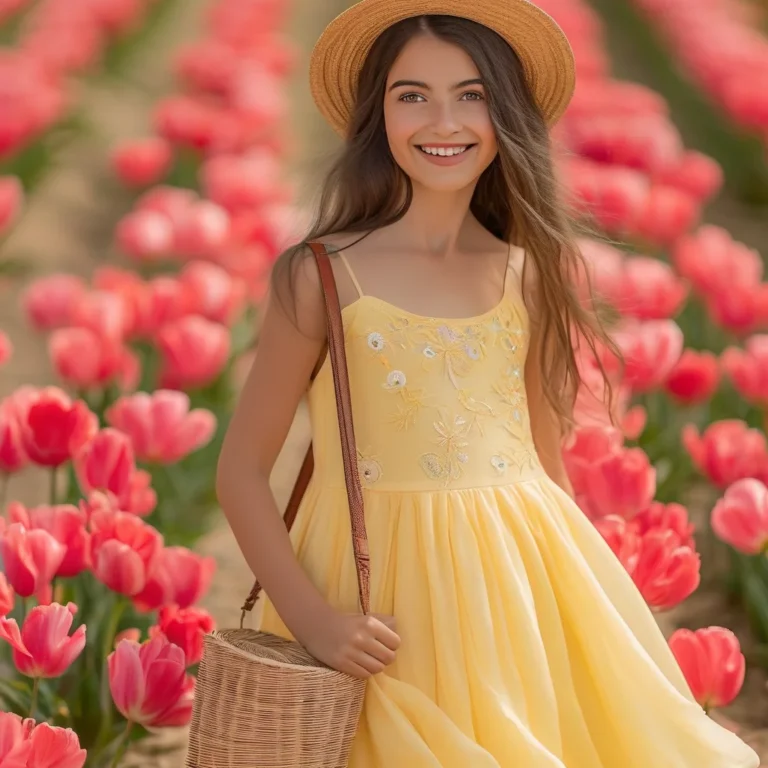 A woman models a charming yellow floral midi dress, espadrille wedges, and a straw tote bag while posing in a sunlit tulip field, showcasing a perfect tulip farm outfit.