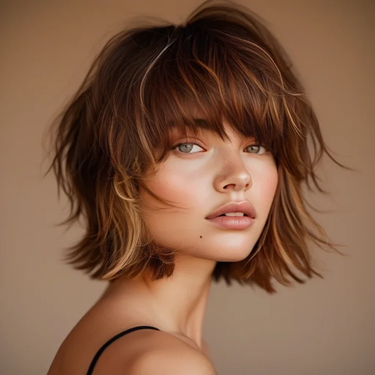 A young woman with a chic, layered shaggy bob haircut in a warm chocolate brown color, illuminated by soft golden hour lighting. The texture of her hair is emphasized, with choppy ends framing her face.