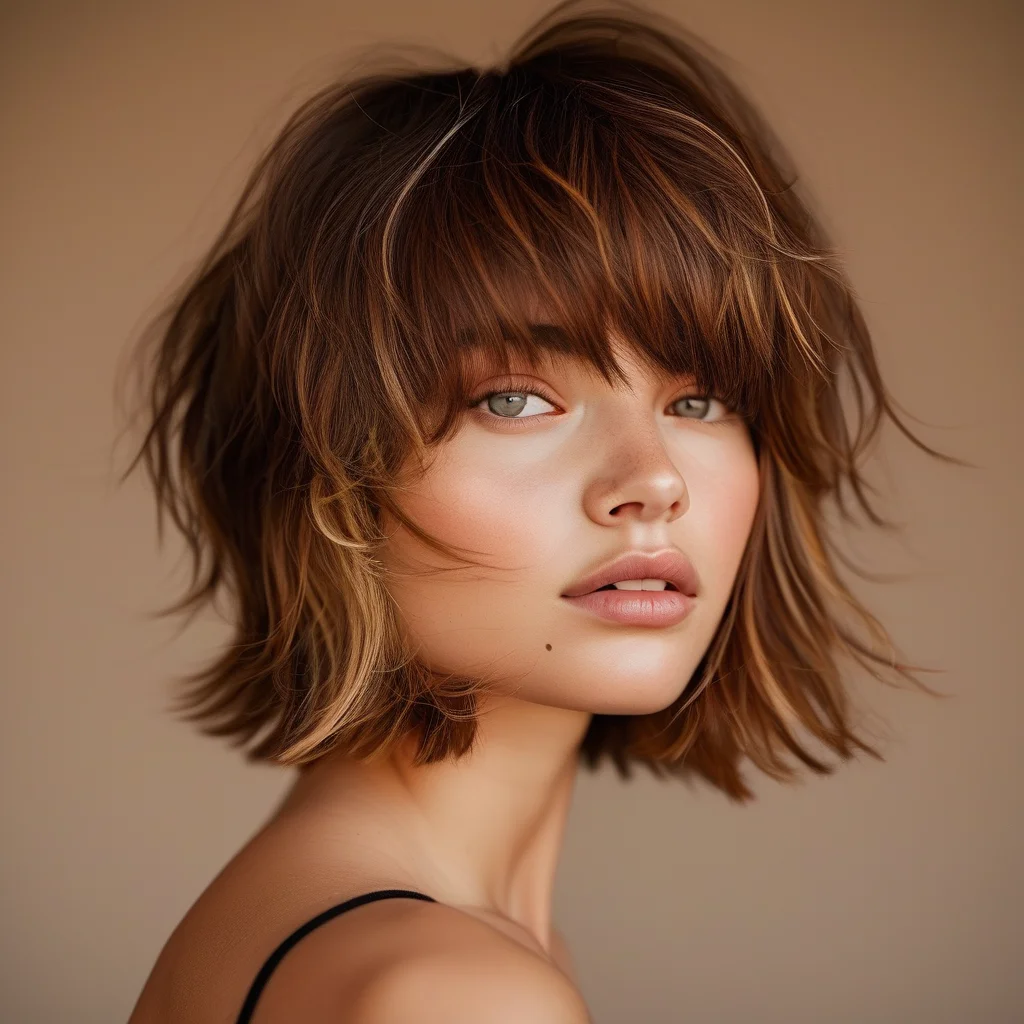 A young woman with a chic, layered shaggy bob haircut in a warm chocolate brown color, illuminated by soft golden hour lighting. The texture of her hair is emphasized, with choppy ends framing her face.