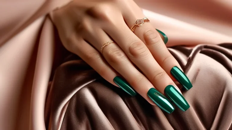 Close-up of elegant woman's hand with glossy deep green coffin nails.