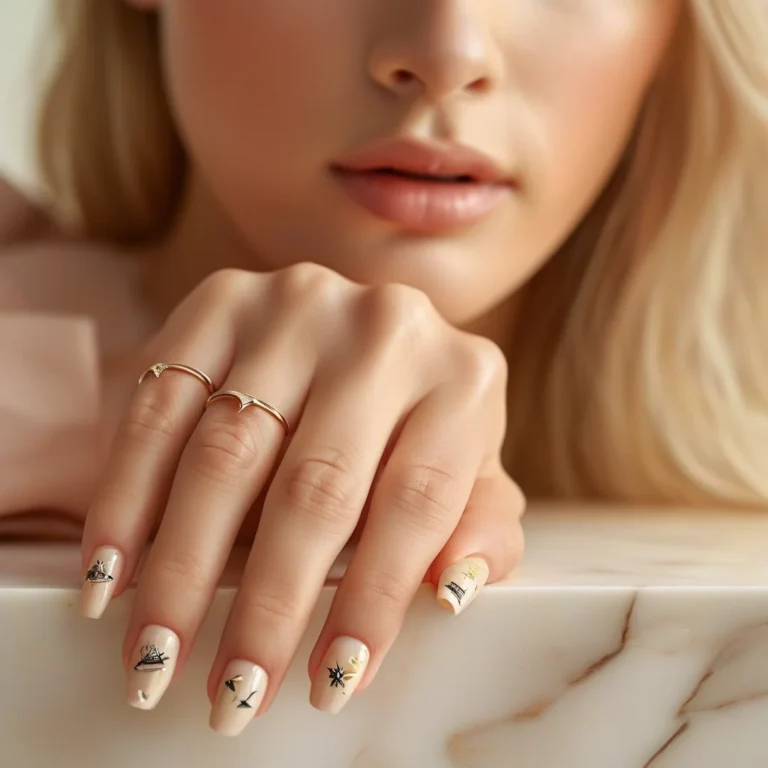 Close-up of a woman's hand resting on white marble, showcasing elegant square nails with a neutral base and a tiny, minimalist pencil design on the ring finger, exuding sophisticated back-to-school style.