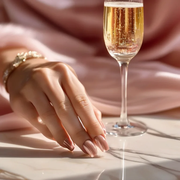 A woman's hand with beautifully manicured almond nails featuring a sophisticated glitter gradient, ideal for a birthday celebration, resting elegantly on a polished marble surface beside a sparkling champagne flute. The nails showcase a blend of soft pastels and fine silver glitter, catching the light in a luxurious setting.