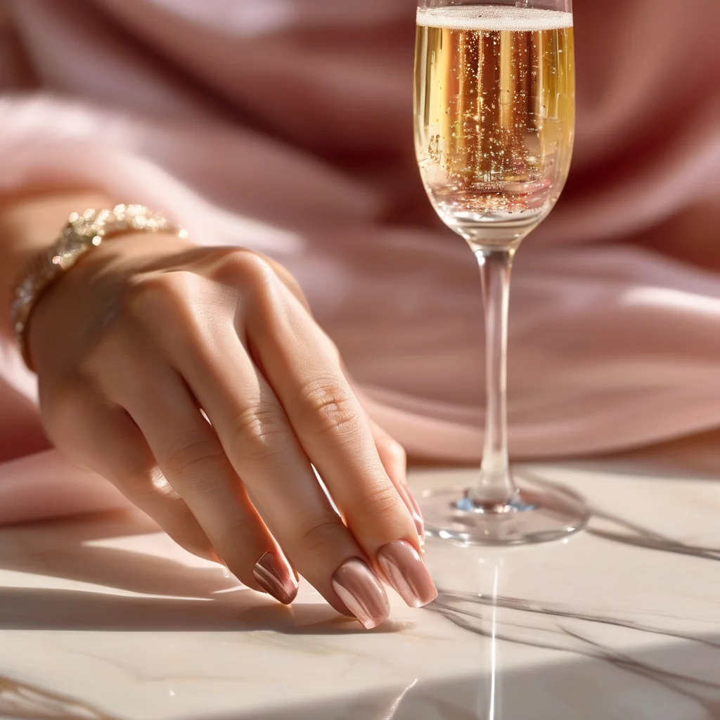 A woman's hand with beautifully manicured almond nails featuring a sophisticated glitter gradient, ideal for a birthday celebration, resting elegantly on a polished marble surface beside a sparkling champagne flute. The nails showcase a blend of soft pastels and fine silver glitter, catching the light in a luxurious setting.