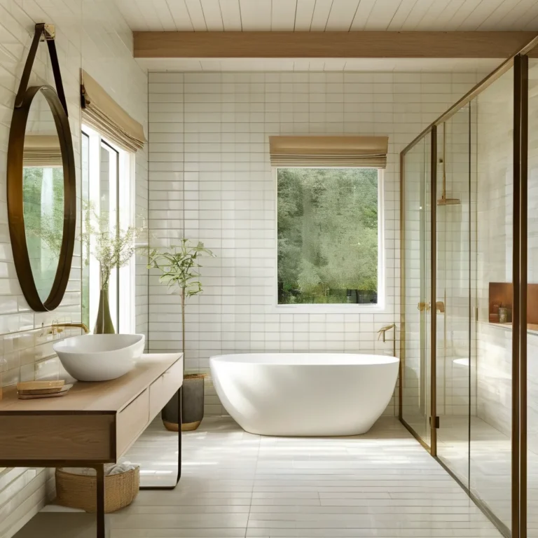 A pristine, light-filled small bathroom showcasing a sleek floating white vanity with a polished marble countertop, a large round brass-framed mirror reflecting natural light, and a clear glass-paneled walk-in shower. The walls are adorned with classic white subway tiles, contrasting with a muted green painted wall section, and the floor features subtle light gray hexagonal tiles, all bathed in soft ambient light.