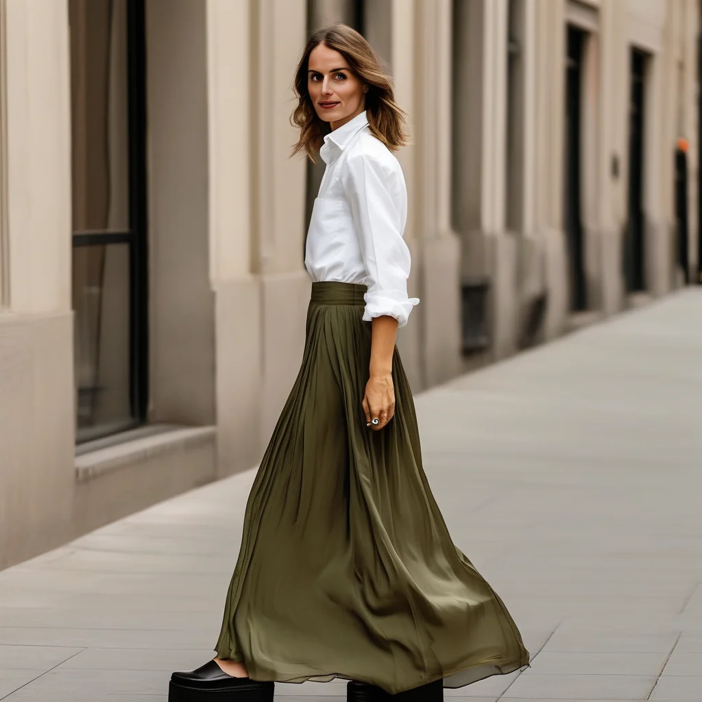 25+ Stunning Maxi Skirt Outfit Ideas You Need To Try Now 1 A stylish woman in her mid-30s showcasing a trendy olive green satin maxi skirt paired with a white button-down shirt tied at the waist and chunky black platform sandals. The image captures her mid-stride on a city street with a clean, blurred urban backdrop, highlighting the fluid movement of the fabric and the contemporary silhouette.