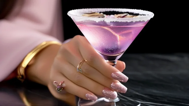 Woman's hand with glossy black coffin baddie nails holding a purple cocktail on marble