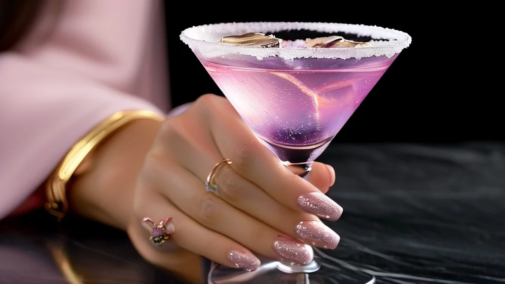 Woman's hand with glossy black coffin baddie nails holding a purple cocktail on marble