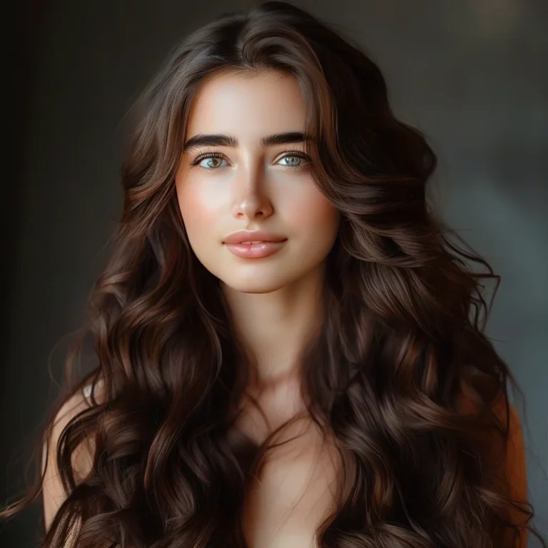 A woman with long, wavy, dark chocolate brown hair elegantly styled and flowing over her shoulders, illuminated by soft golden hour light, creating a rich and luxurious feel with healthy shine.