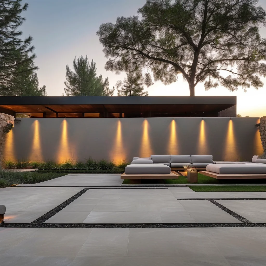 15+ Genius Drainage Ideas to Transform Your Home & Garden 1 A wide-angle view of a sophisticated modern backyard garden featuring a permeable paver patio, a discreet linear French drain, and lush green planting beds. The space is adorned with natural stone retaining walls, stylish outdoor lounge furniture with light cushions, and subtle ground lighting, all bathed in the warm glow of late afternoon sun, creating an inviting and well-drained outdoor living area.