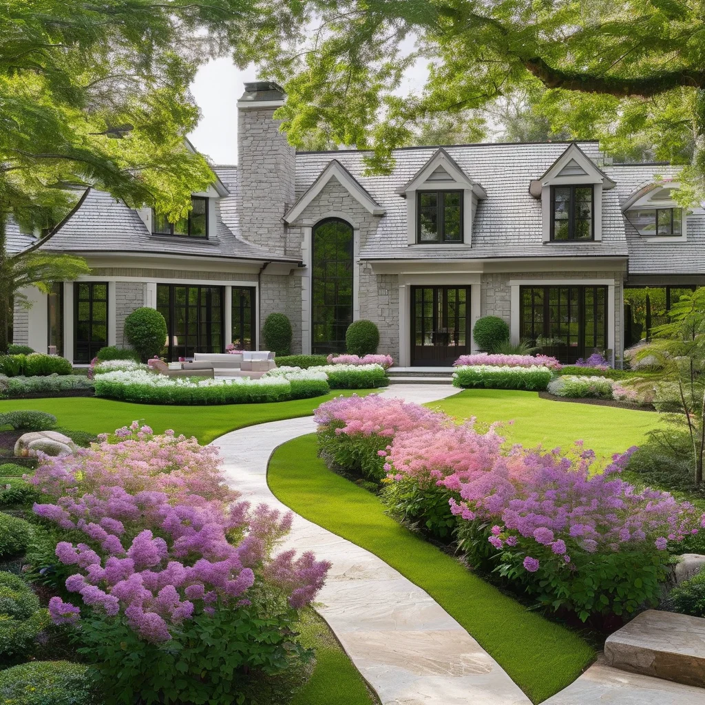 A stunning wide-angle view of a meticulously designed front yard, showcasing a curved stone path leading to a elegant grey house with white trim. The pathway is bordered by a rich tapestry of green foliage, including manicured shrubs, and bursts of colorful flowers in purple, pink, and white under soft, natural ambient sunlight.