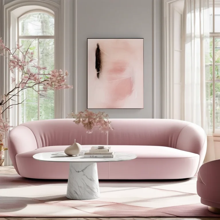 A softly lit, modern living room featuring a plush light pink velvet sofa, a sleek white marble coffee table, and art with subtle pink tones, bathed in natural sunlight.