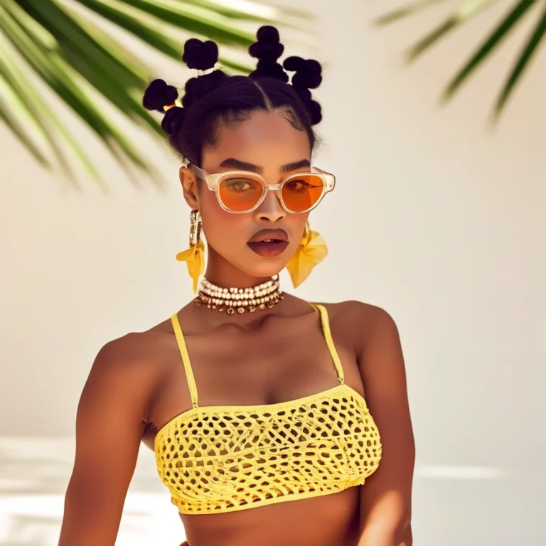 A real woman posing in a vibrant tropical Y2K outfit featuring a green and pink floral mesh crop top, distressed low-rise denim shorts, and clear platform sandals. Her hair is in pigtails adorned with colorful butterfly clips, set against a soft, bright studio background.