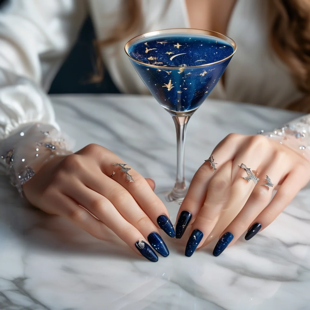 A woman's hand with beautifully manicured almond nails, painted in a deep navy blue with sparkling silver celestial designs, including tiny stars and crescent moons. Her hand rests on a glossy white marble surface beside a glass, highlighting the luxurious and detailed nail art.