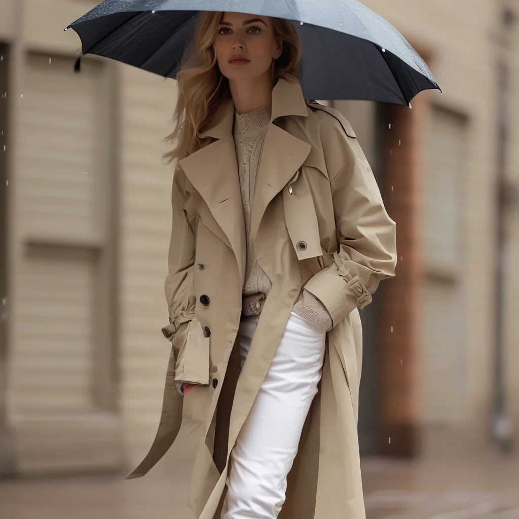 A woman models a chic summer rainy day outfit featuring a navy trench coat, white jeans, and yellow knit top, paired with white Chelsea boots and a clear umbrella, standing on a wet city street.
