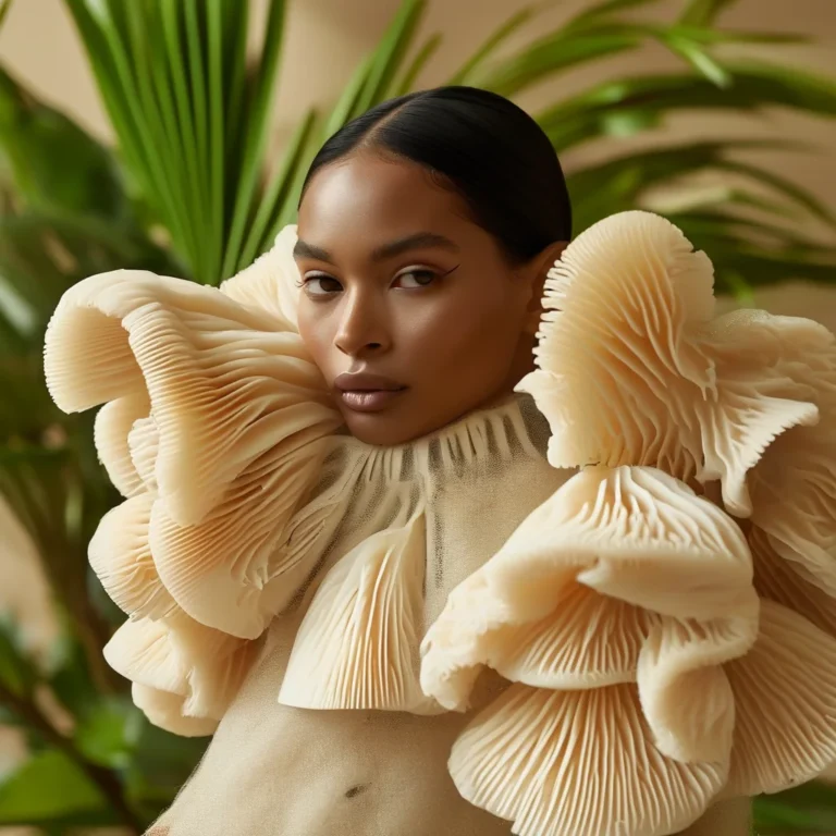 Model showcasing bio-couture fashion made from mushroom leather and pineapple leaf fiber, embodying 2026's ethical chic.