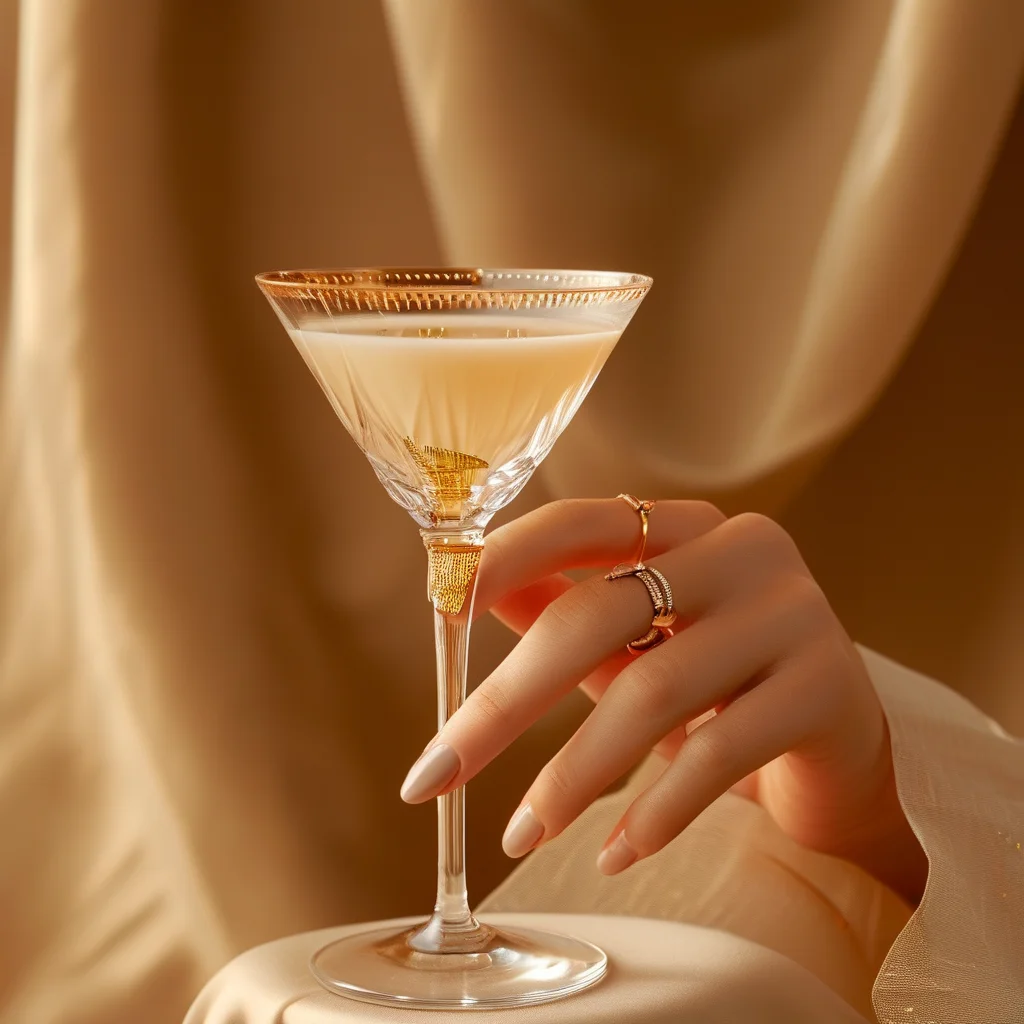 Close-up of a woman's hand holding a cocktail glass, showcasing almond nails painted in a warm beige with delicate gold wagon wheel designs and subtle leather-effect accents, capturing a luxury desert stagecoach theme.