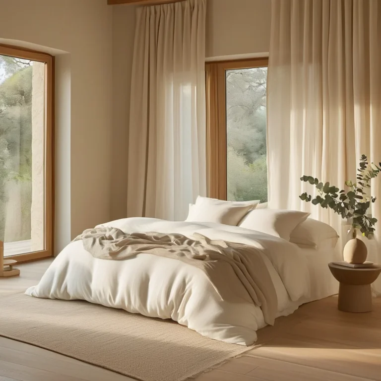 A beautifully styled master bedroom interior featuring a king-sized bed covered in crisp white organic cotton bedding. The room showcases light oak floors, a minimalist wooden nightstand with a vase of eucalyptus, and soft natural light from a large window, creating a serene and inviting atmosphere.