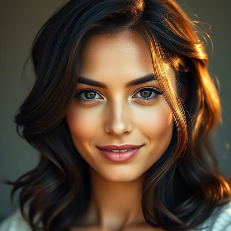 An editorial portrait of a woman with a glowing, 'no makeup' complexion, featuring her shiny, wavy dark brunette hair. The waves are softly defined, framing her face and cascading over her shoulders, highlighting healthy hair texture and natural beauty under warm, soft lighting.