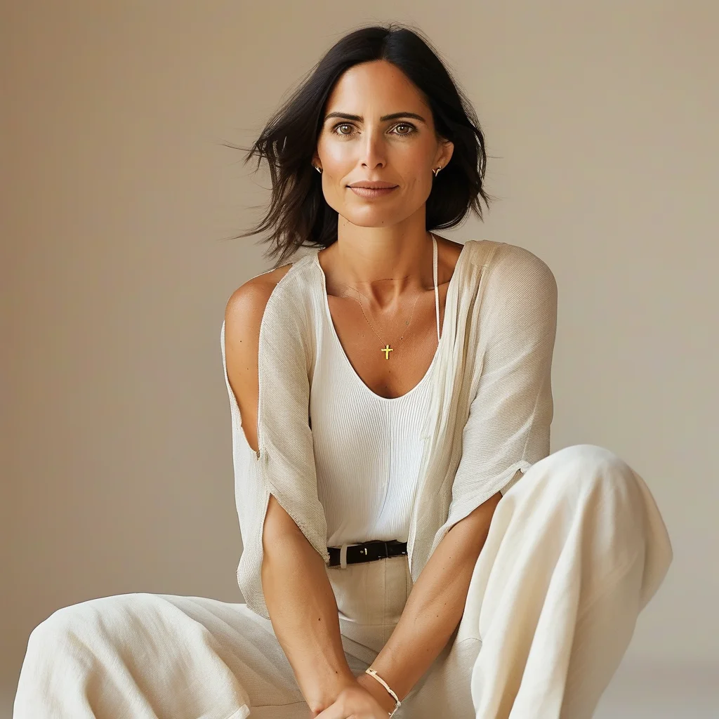 A stylish woman in her mid-30s wears a light wash oversized denim jacket over a white tank top, paired with wide-leg beige linen trousers and white sneakers, accessorized with a small crossbody bag. The image is a bright, full-body shot against a clean urban backdrop, highlighting her casual yet chic spring ensemble.