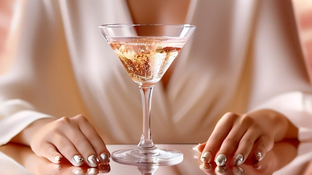 Woman's hand with luxury gel nail art holding a cocktail on marble