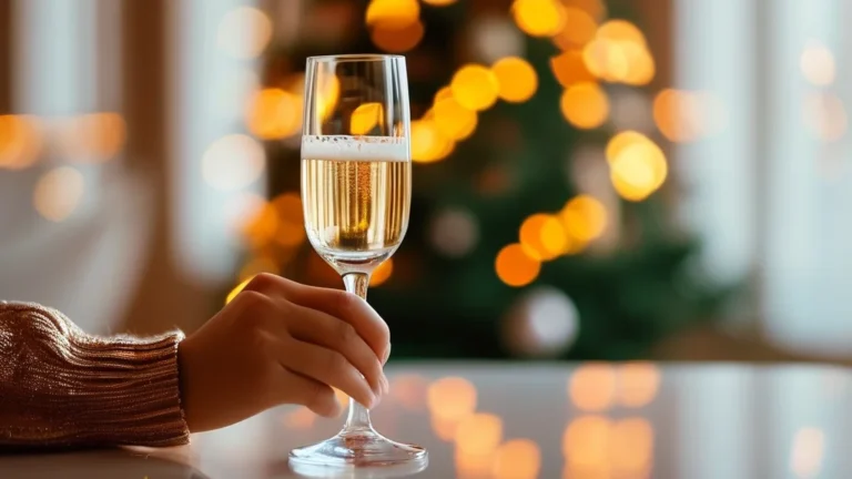 Elegant hands with shimmery nails holding champagne flute amidst luxury holiday decor