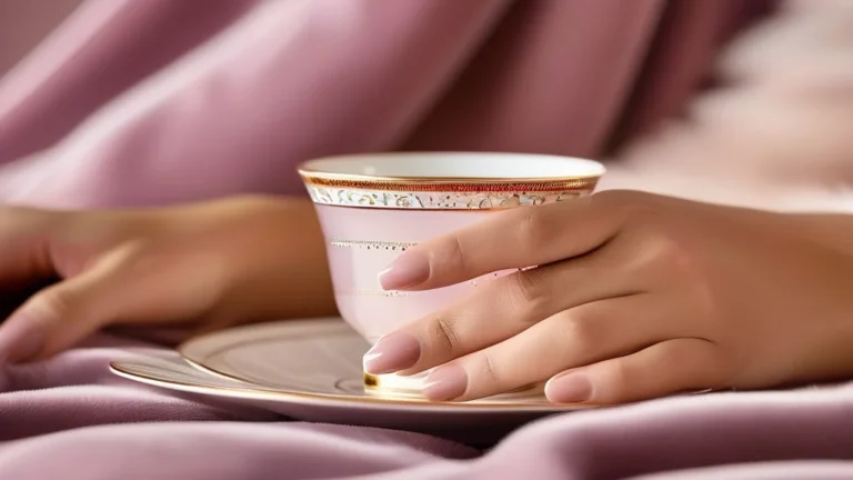 Close-up of elegant almond nails with a shimmery neutral pink finish in a luxurious setting
