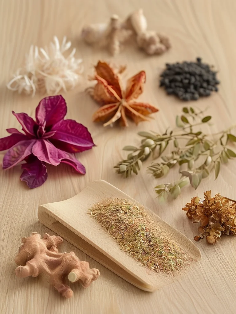 A detailed image displaying an array of plant-based hair dye ingredients, including deep blue butterfly pea flowers, reddish-brown madder root pieces, and small green gardenia fruits. These natural elements are arranged on a pale wooden surface, alongside lustrous strands of human hair that show subtle, natural-looking tints, highlighting the gentle, enhancing effect of botanical pigments.