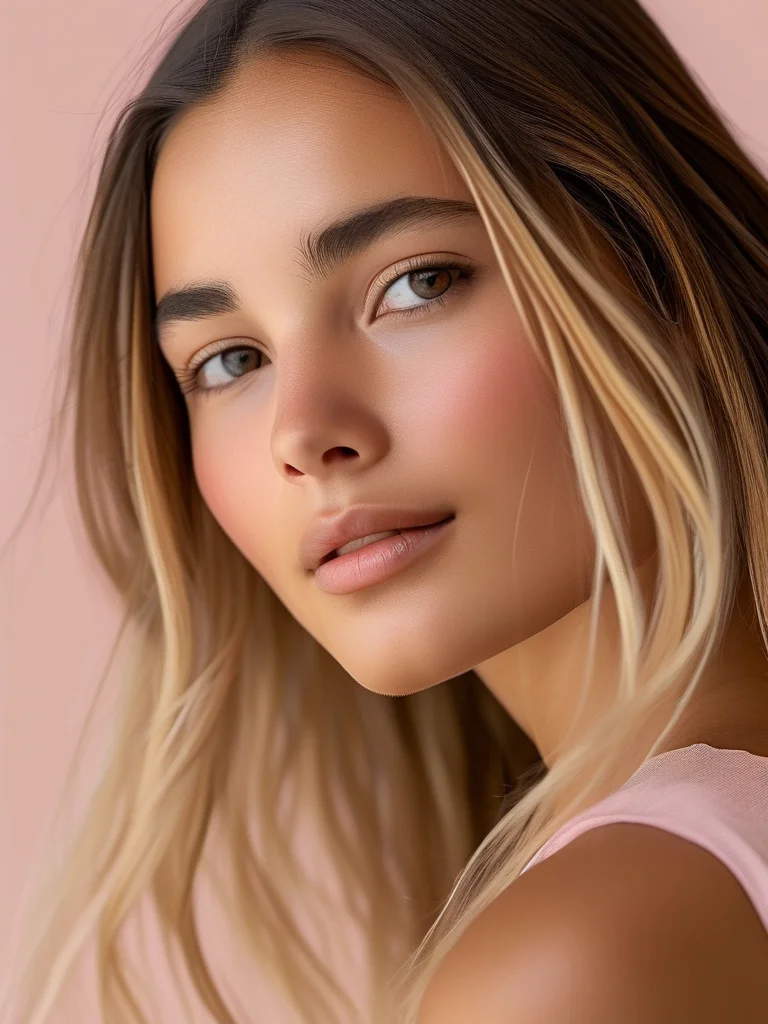 A beautiful 4:5 vertical close-up of a woman with naturally radiant, medium brown hair, enhanced with subtle, warm micro-toning that catches the soft light. Her hair demonstrates exceptional shine and health, complementing her clear skin tone. The background is a gently diffused blend of organic textures and soft, earthy colors, evoking a sense of clean beauty and natural harmony. The focus is on the luminous quality of the hair and its seamless enhancement.