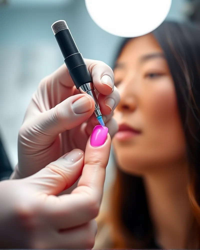 A professional manicurist applying thin coats of bio-adaptive nail polish for optimal color shifting.