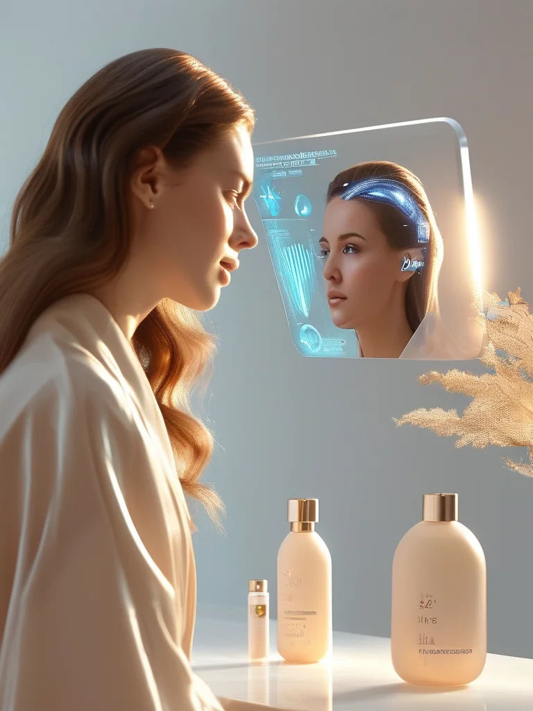A woman with vibrant hair views a futuristic, transparent display showing a detailed, color-coded map of her scalp, highlighting areas for moisture, sensitivity, and hair growth. Several custom-labeled, sleek beauty product bottles are blurred in the background, symbolizing AI-driven personalized shampoo and scalp treatments. The image conveys advanced technology and tailored hair care solutions.