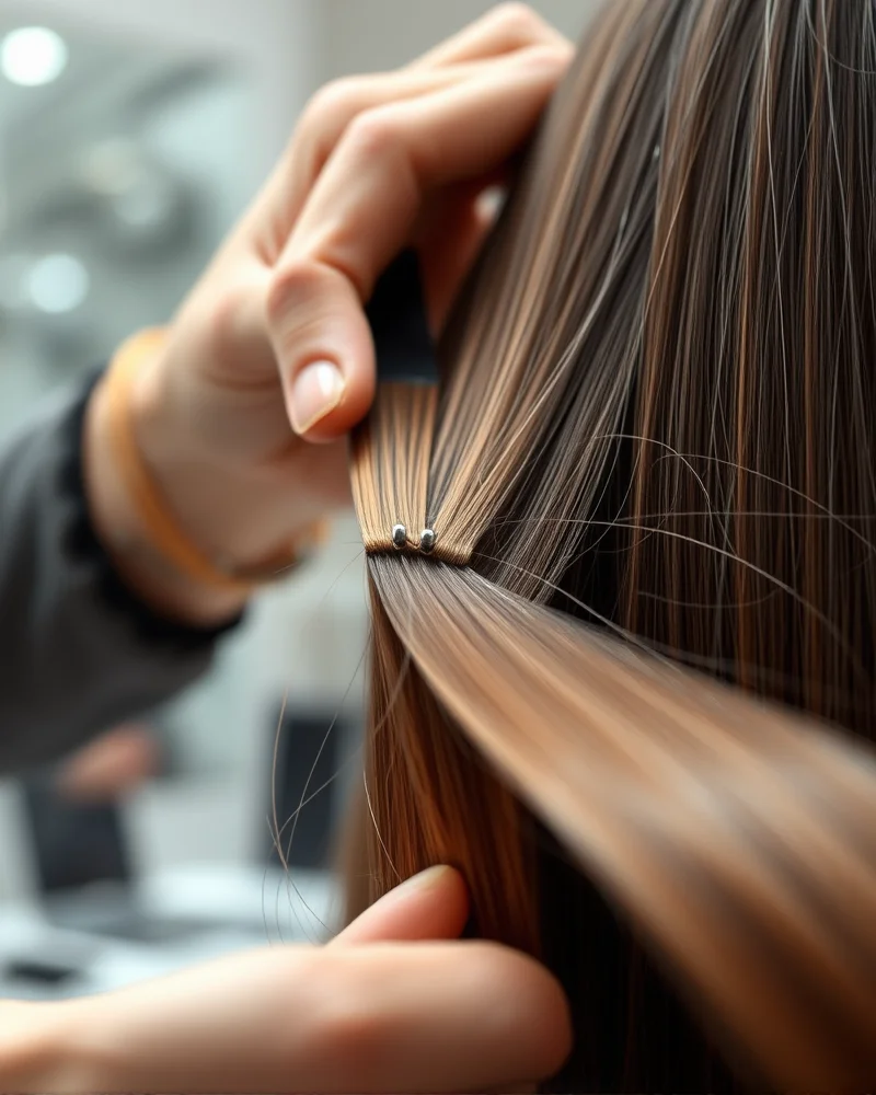 The Rise of Bio-Synthetic Hybrid Hair Extensions: A 2027 Styling Guide 3 Professional hairstylist installing bio-synthetic hybrid hair extensions using the nano-ring method in a premium salon setting.